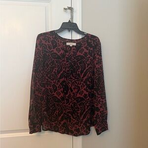 LOFT Wine and Black Floral Button-Front Blouse